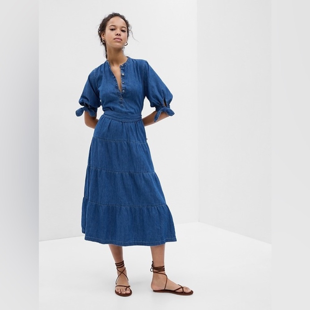 NWT Gap Petite Denim Tiered Midi Dress with Washwell